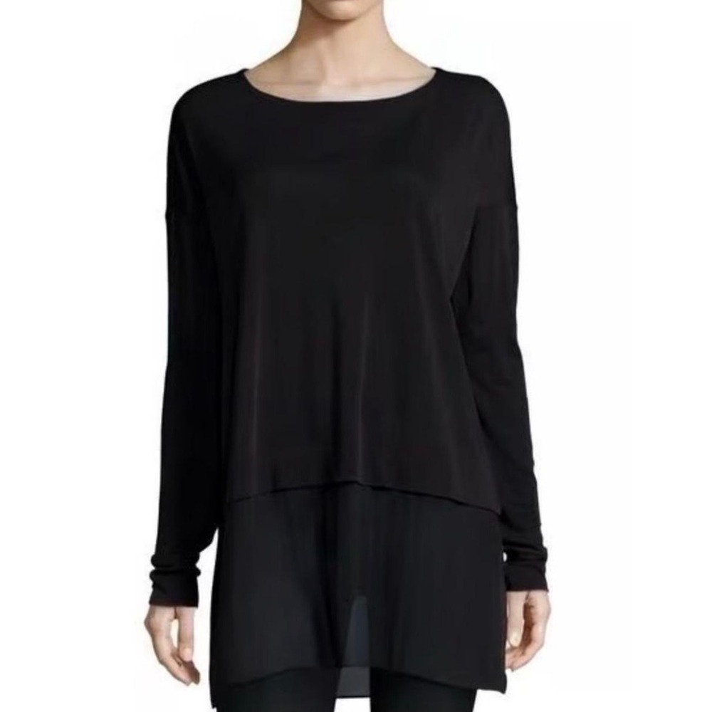 Eileen Fisher Bateau Womens Black Layered Mixed Media 100% Silk Tunic Top Medium